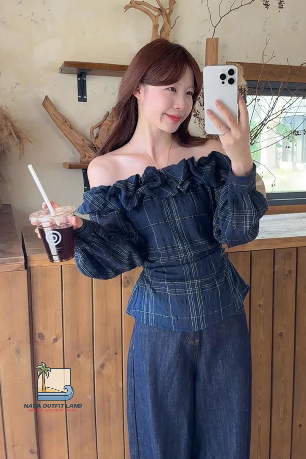 Long Sleeve Off Shoulder Plaid Pattern Ruffle Slim Blouse Shirt