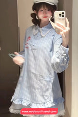 Turn Down Collar Flower Embroidered Lace Patchwork Striped Long Dress