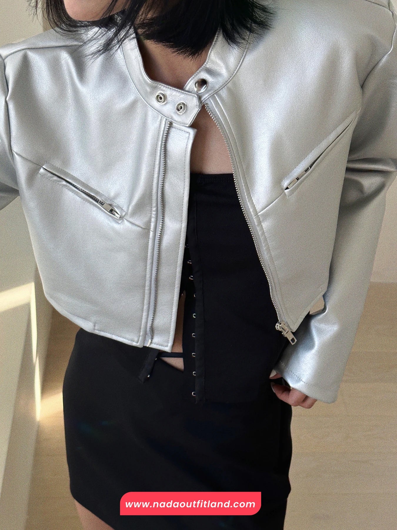 Long Sleeve Cropped Silver Leather Jacket