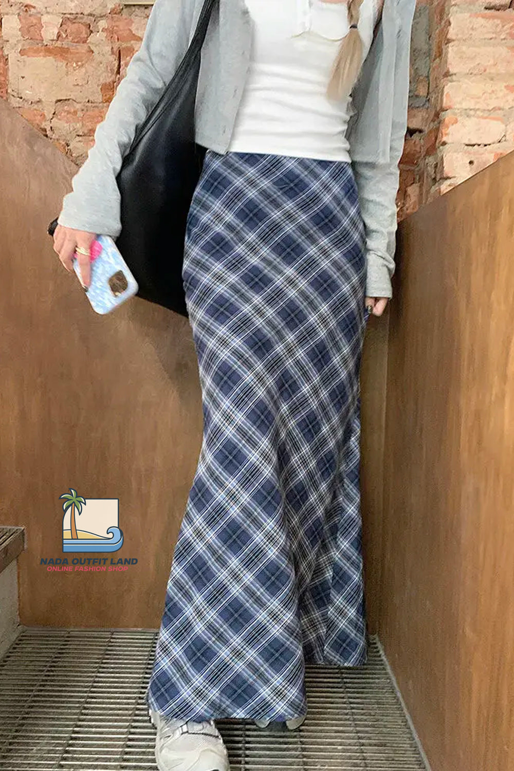 High Waist Grid Plaid Pattern Slit Skirts