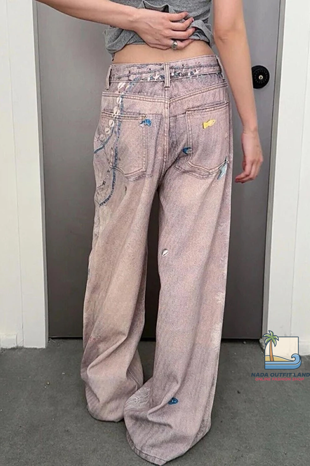 Loose Sea Theme Pattern Pink Denim Long Pants