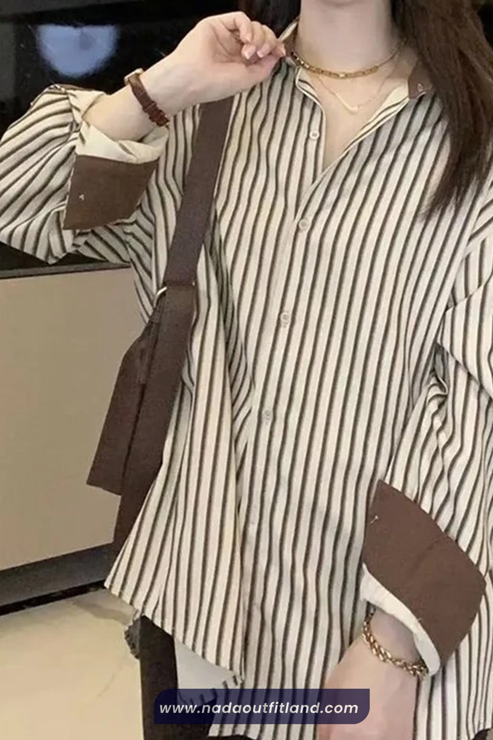 Long Sleeve Coffee Colors Striped Elegant Blouse Shirt