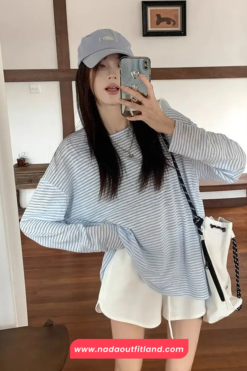 Long Sleeve Back Lace Tie Blue Striped Summer Shirts