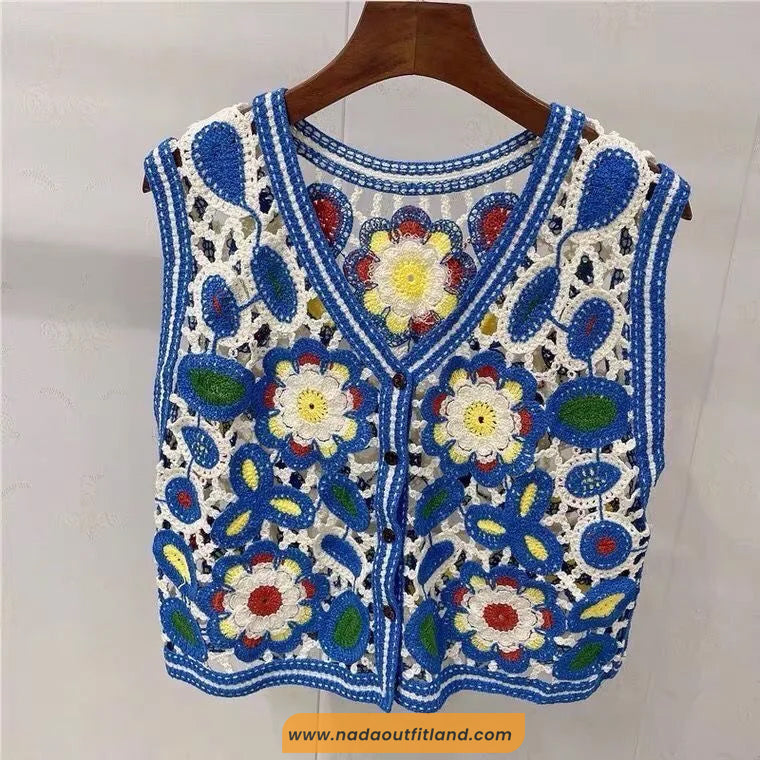 Sleeveless Floral Embroidered Blue Crochet Vest Sweater