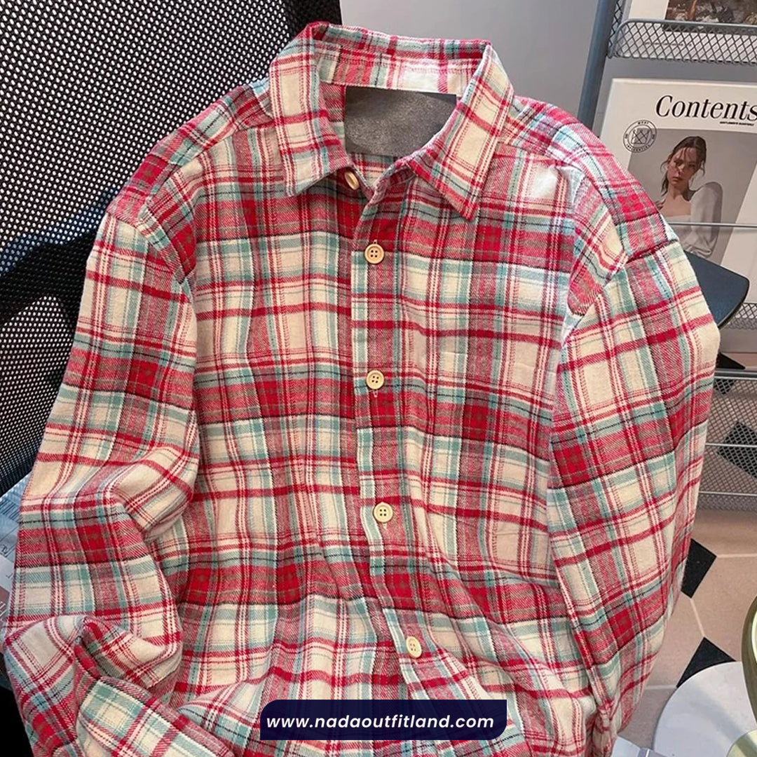 Loose Retro Red Plaid Blouse Shirt