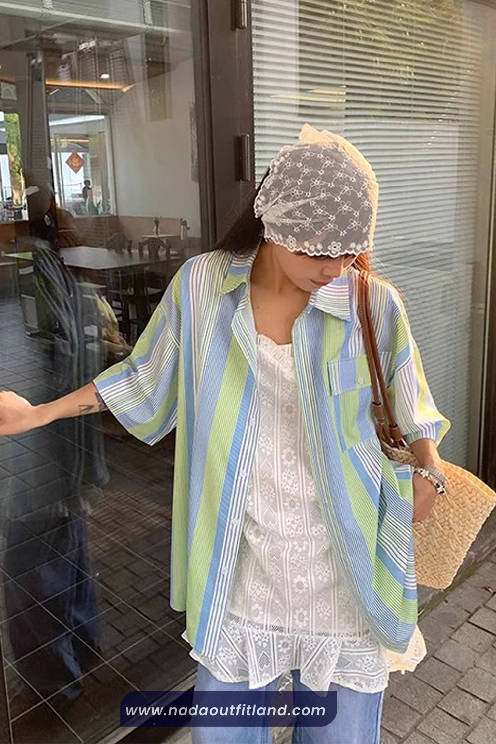 Short Sleeve Retro Green and Blue Striped Blouse Shirt