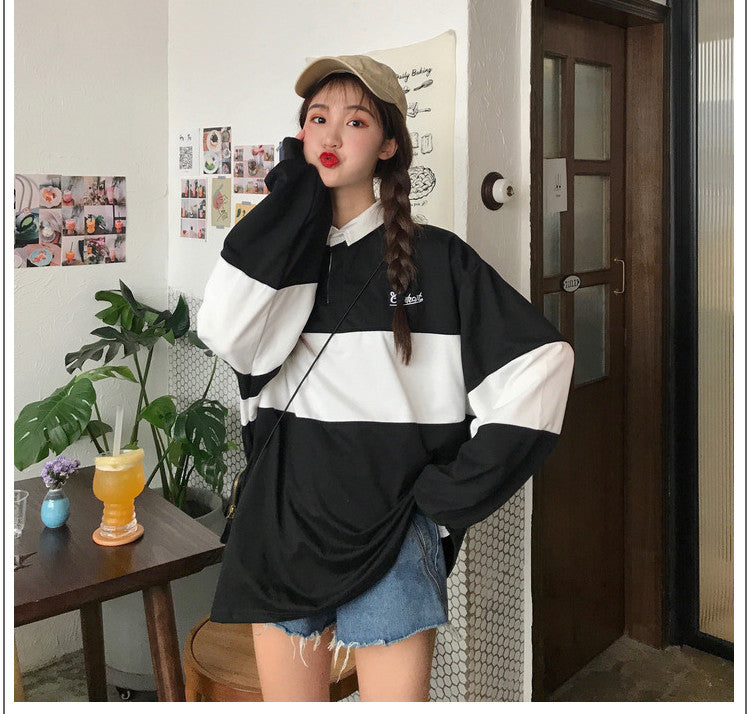 Long Sleeve Polo Collar Hit Color Shirt