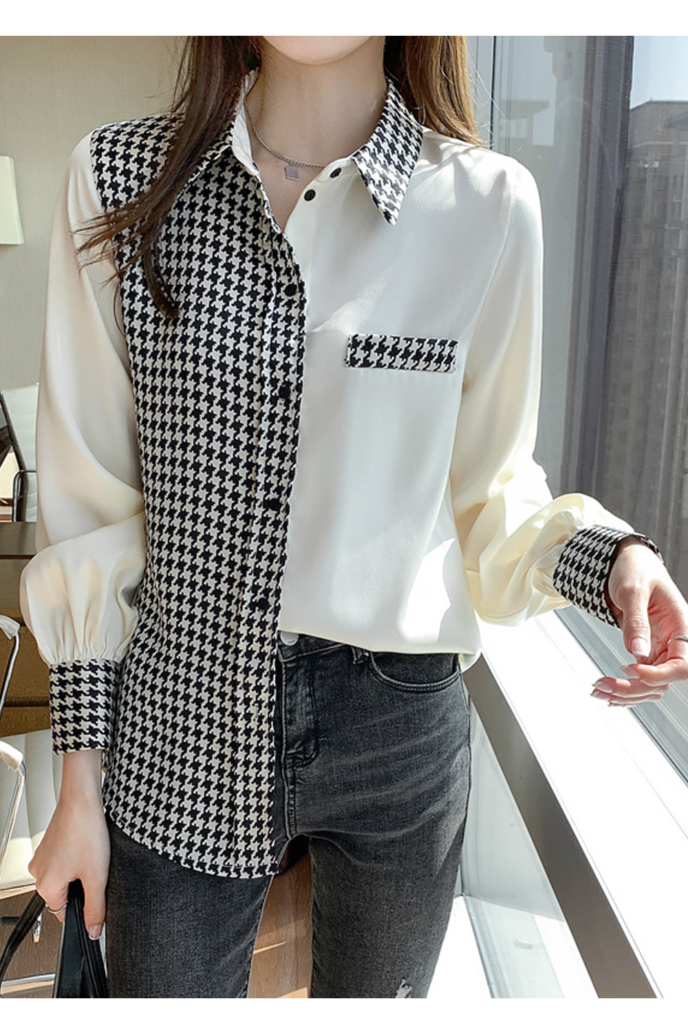 Long Sleeve Houndstooth Satin Blouse Shirt