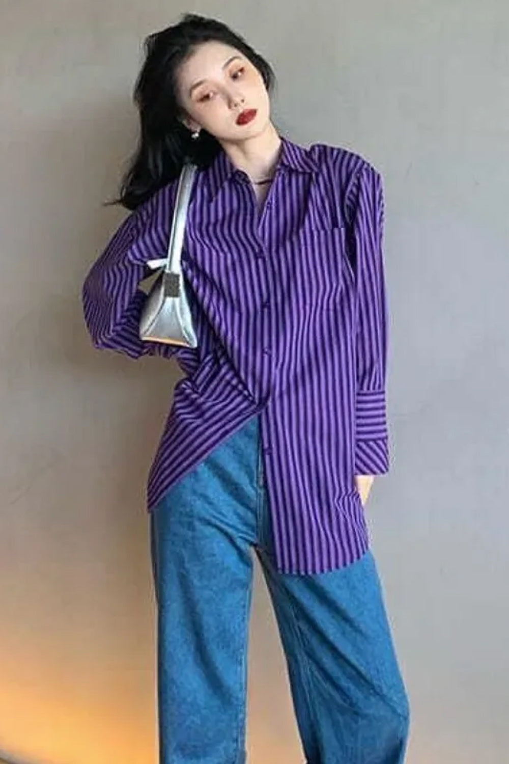 Long Sleeve Retro Purple Striped Casual Blouse Shirt