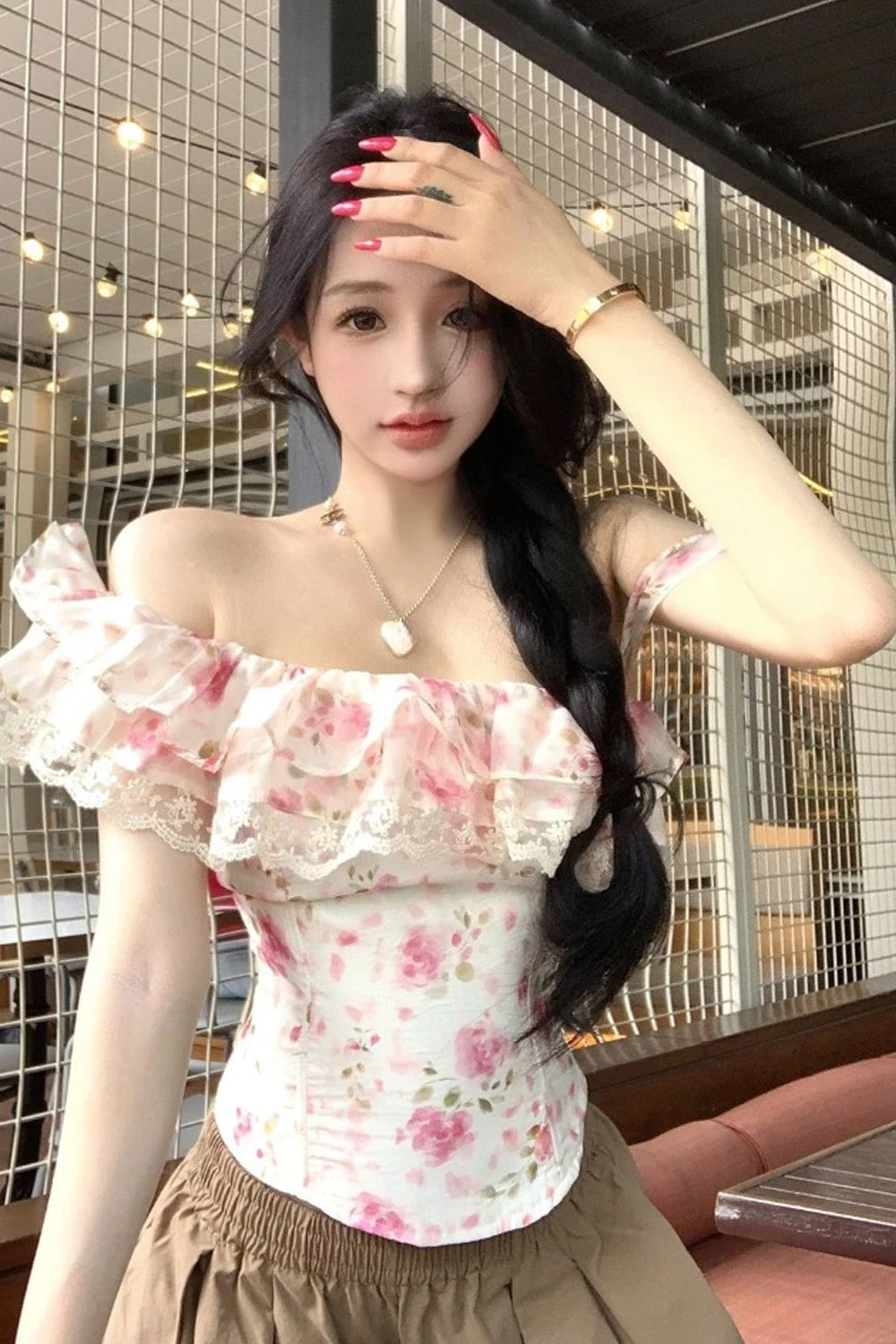 Sexy Lace Patchwork Floral Pattern Slash Neck Cropped Shirt