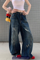 High Waist Loose Wide Leg Ripped Women Jeans Pants
