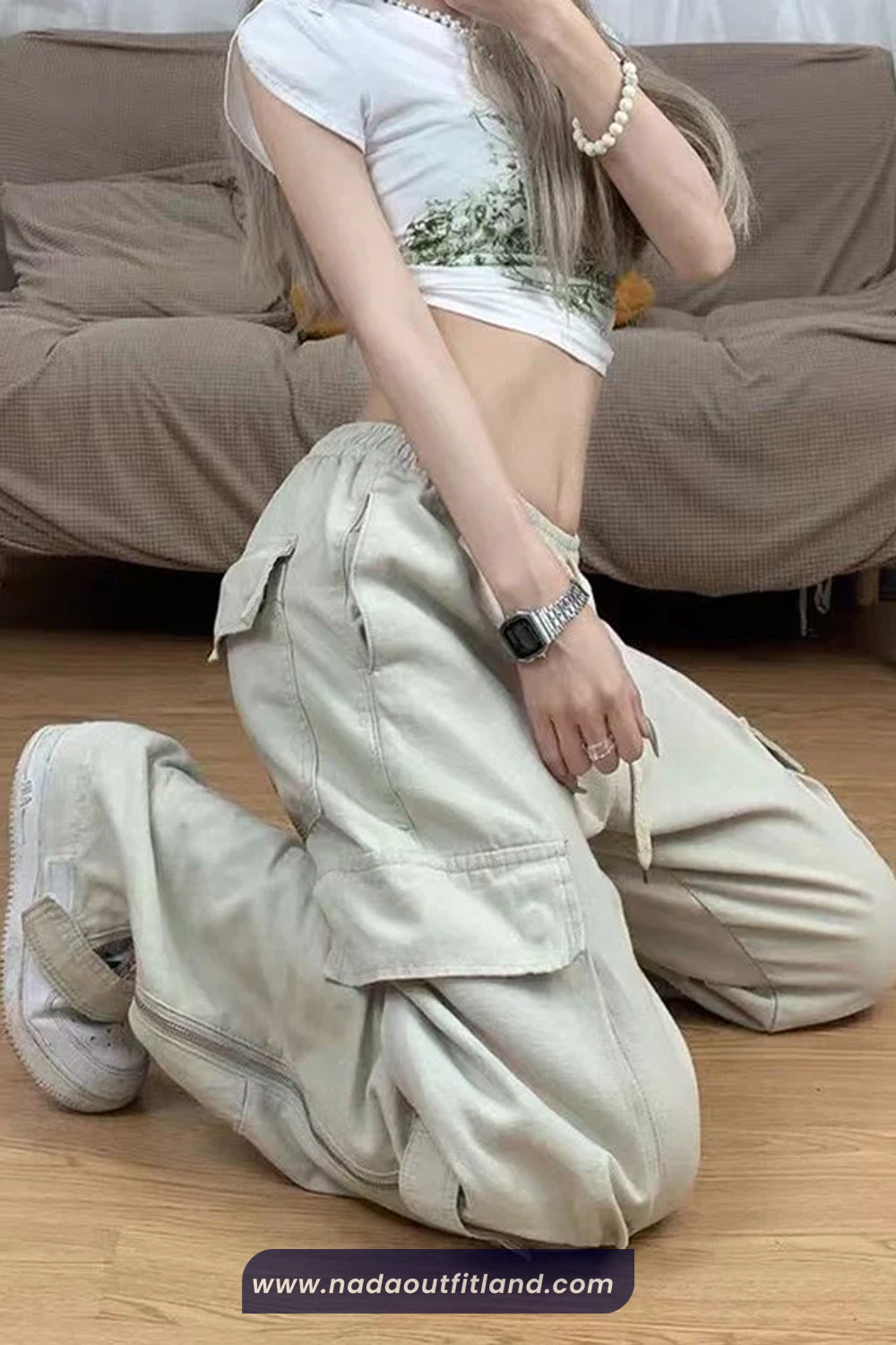 Side Zipper Elastic Waist Cargo Pockets Pants