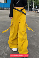 High Waist Cargo Pockets Zipper Wide Leg Pants