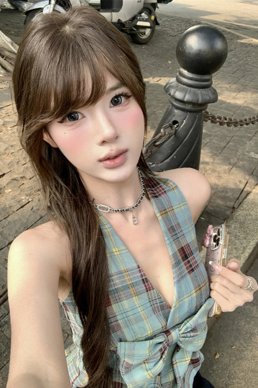 Sexy Retro Plaid Halter Bow Tie Cropped Tops