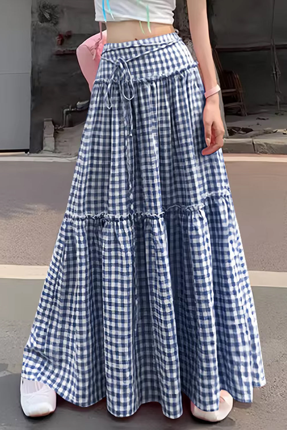 High Waist Lace Ruffled Plaid Maxi Skirts