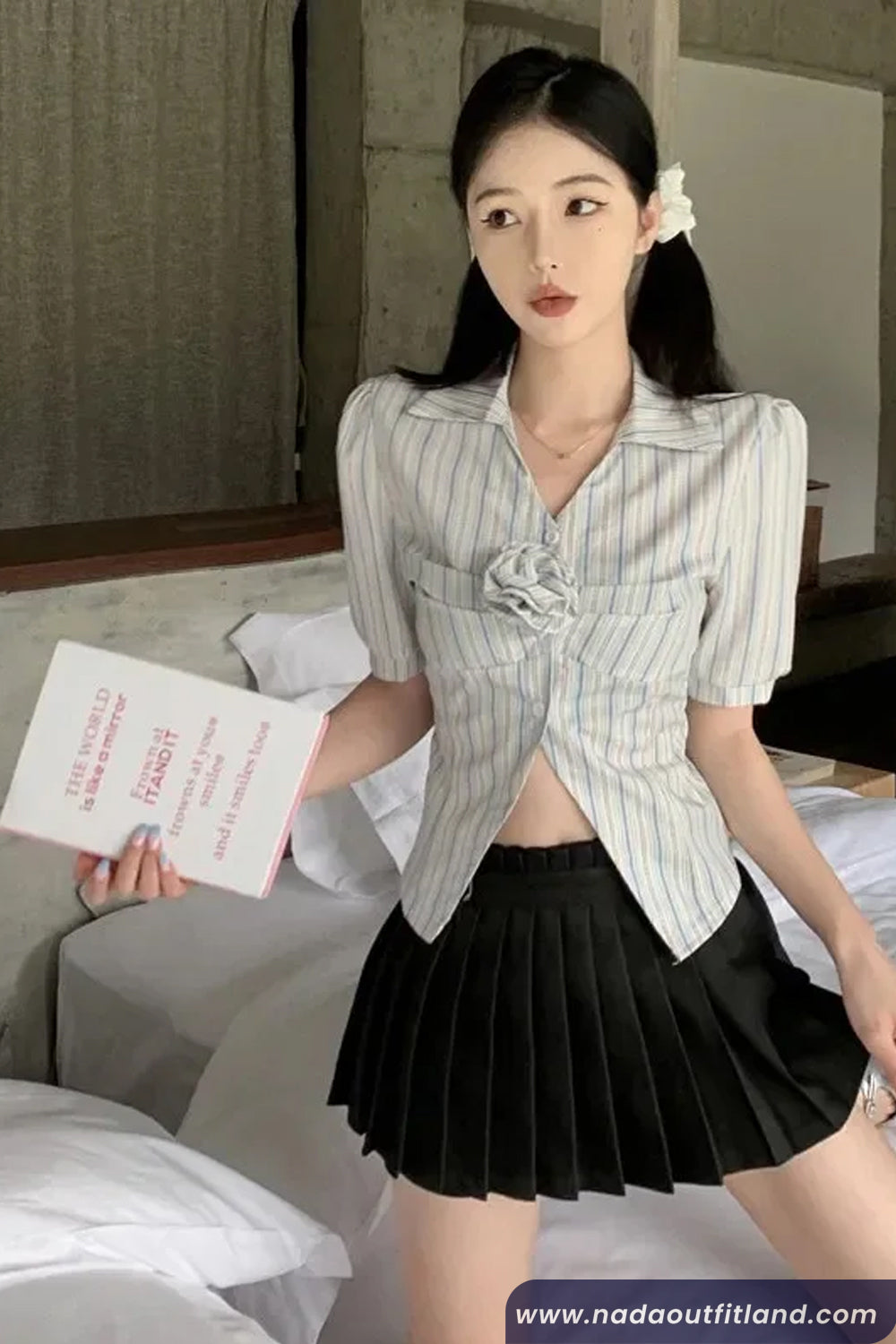 Sexy 3D Flower Striped Elegant Cropped Blouse Shirt