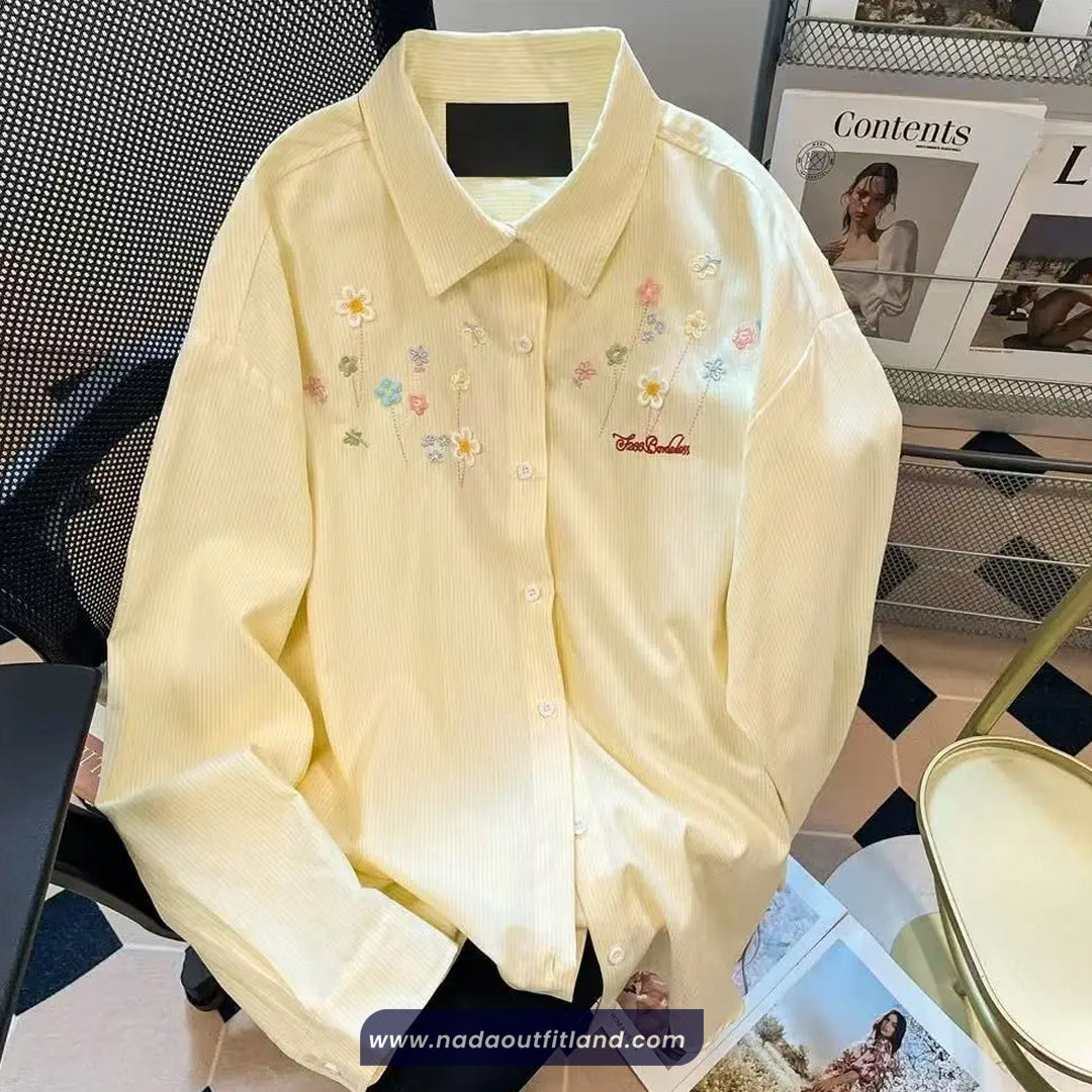 Long Sleeve Flowers Embroidered Striped Blouse Shirt