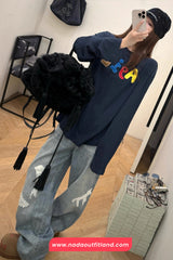 High Waist Loose Vintage Lace Embroidered Jeans Pants