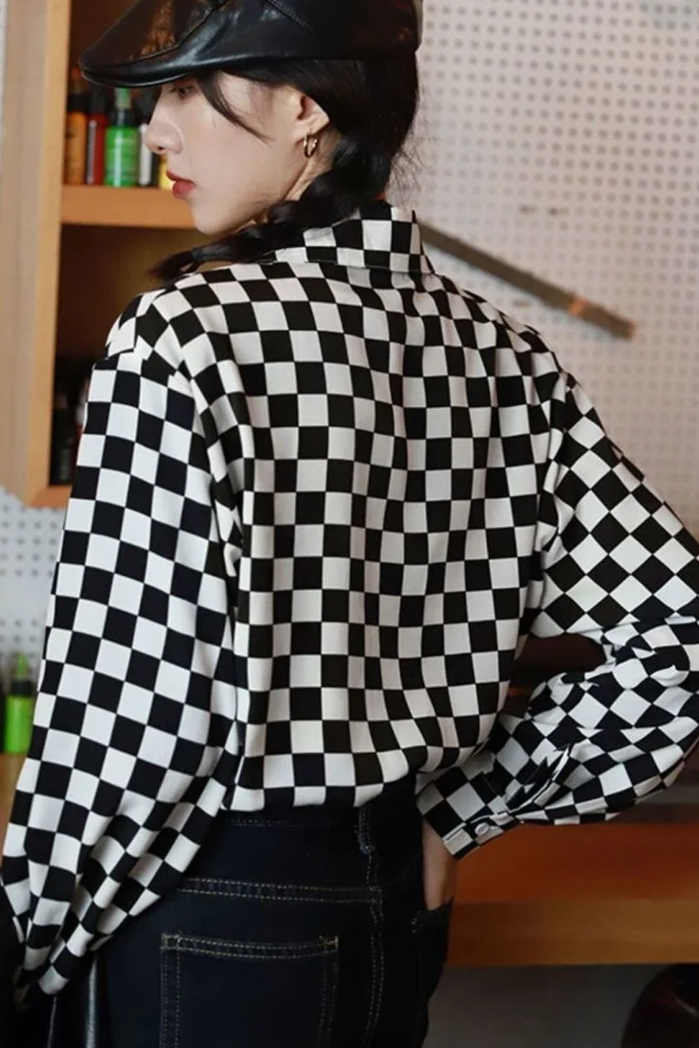 Long Sleeve Checkered Pattern Casual Blouse Shirt
