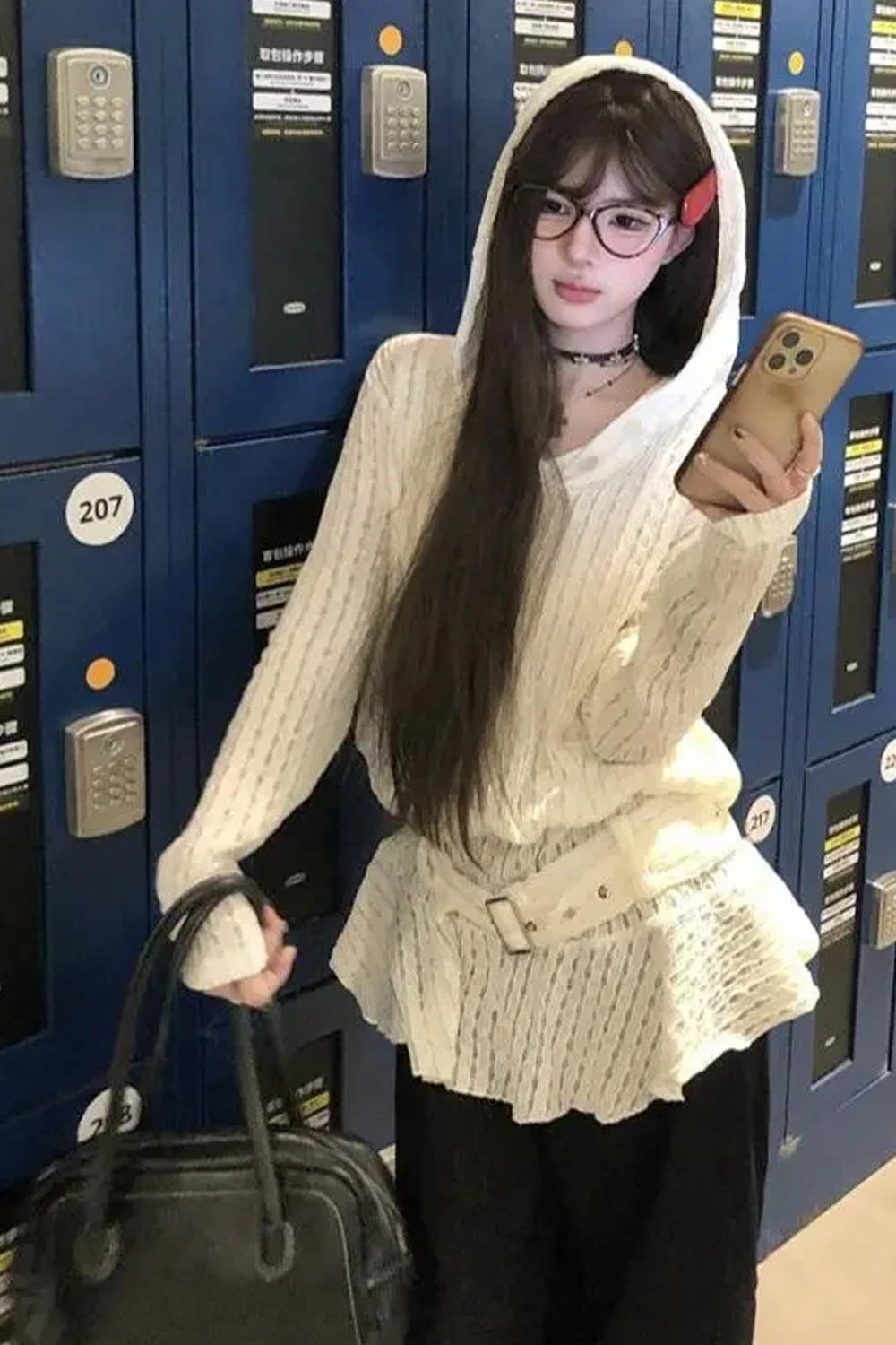 Belt Hooded Hollow Out Ruffled Sweatshirt