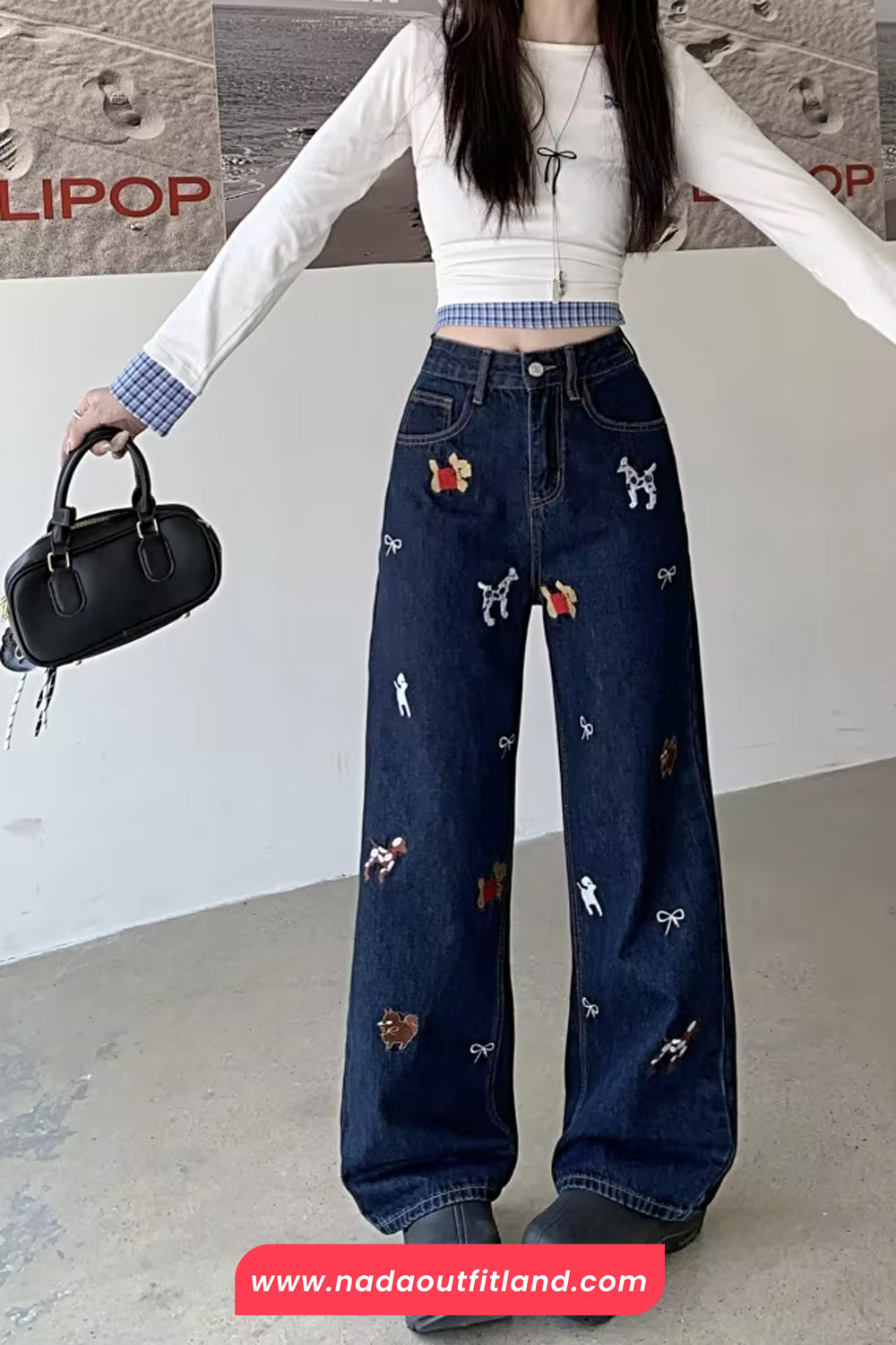Cute Puppy Pattern Embroidered Retro Jeans Pants