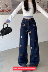 Cute Puppy Pattern Embroidered Retro Jeans Pants