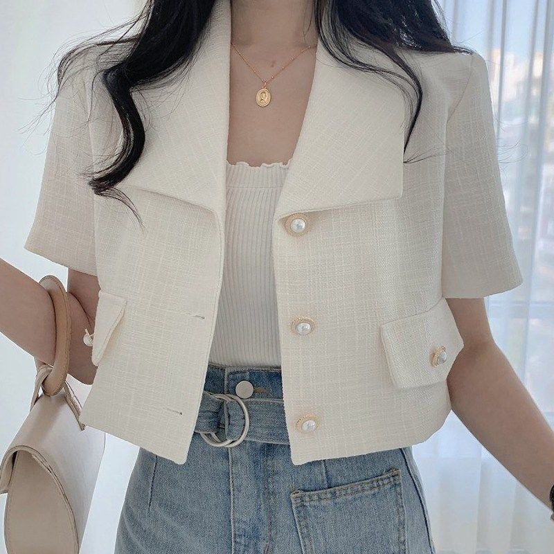 Short Sleeve Nothced Slim Blazer Shirt