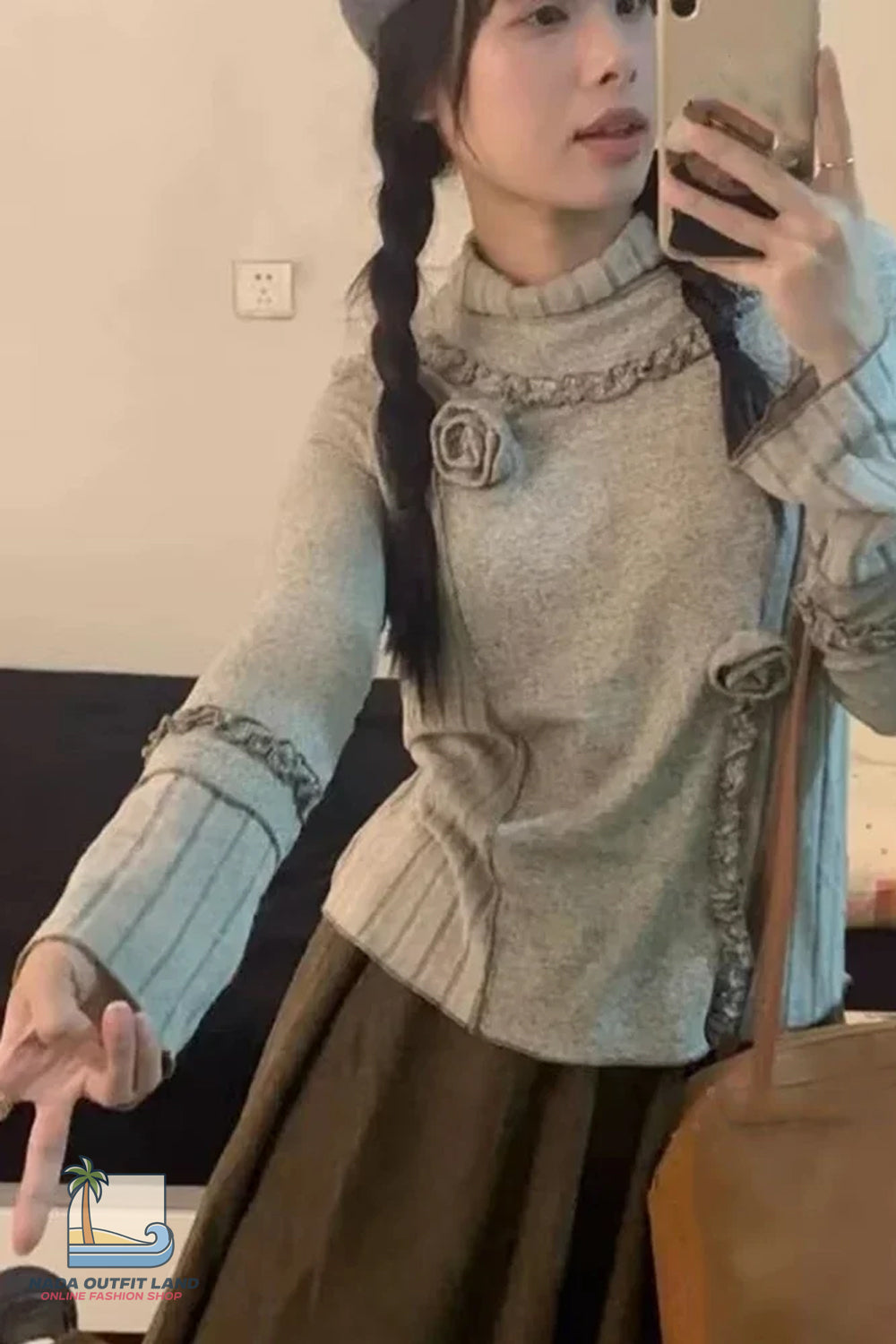 Long Sleeve 3D Flowers Vintage Ruffles Sweater