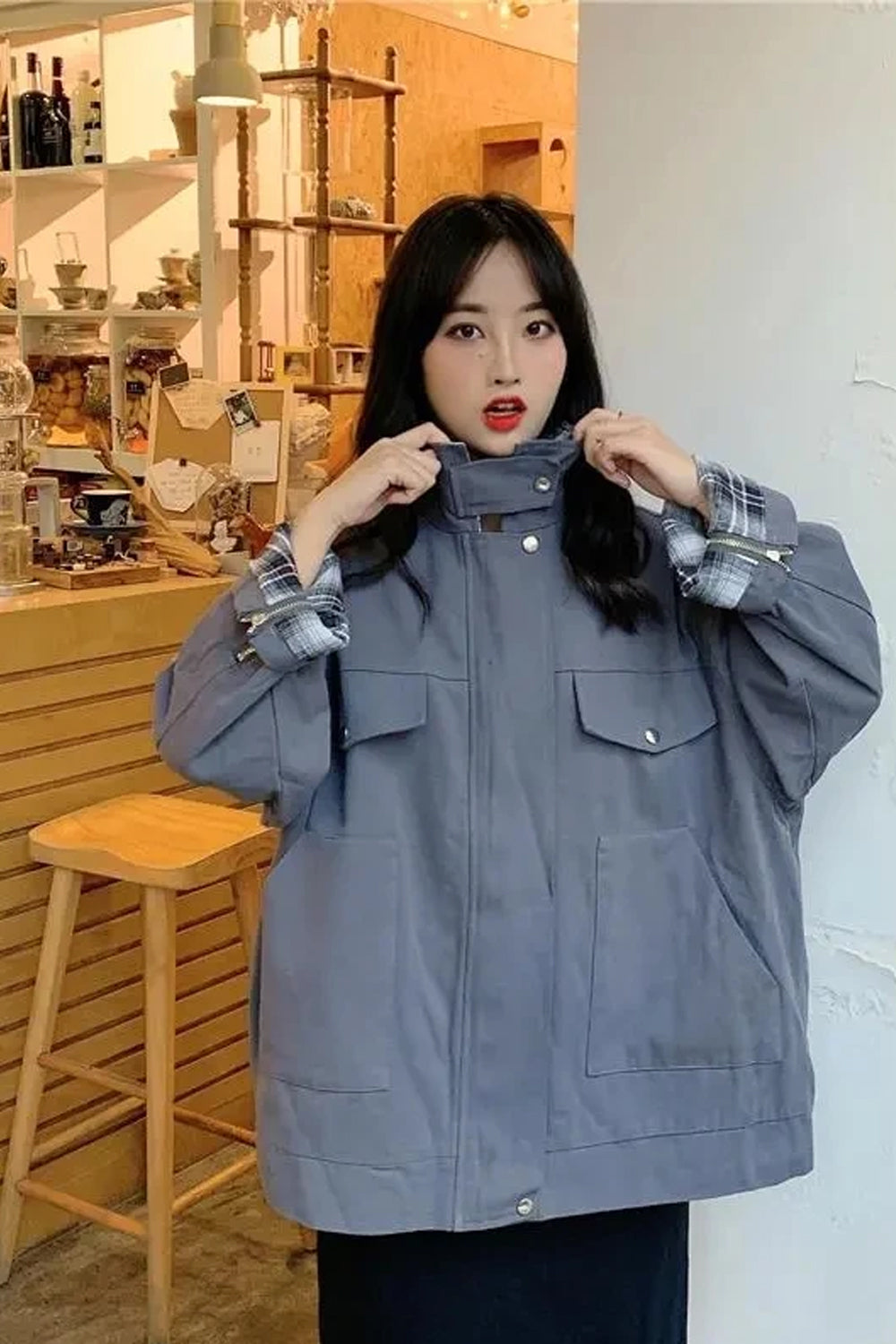 Long Sleeve Plaid Adjustable Padded Jacket