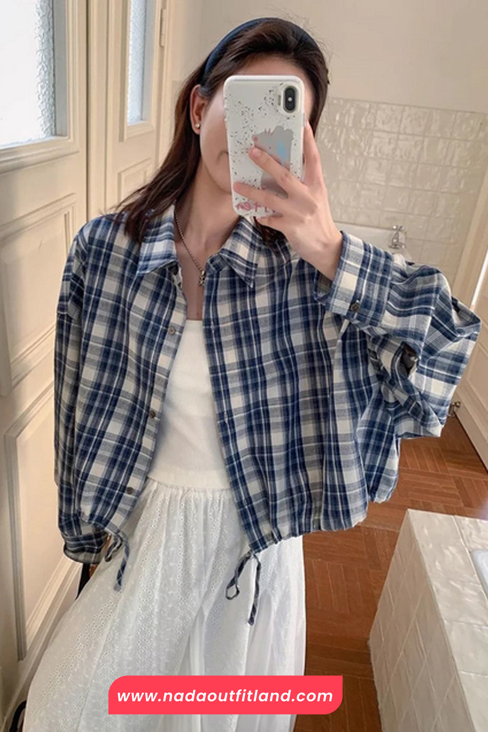 Long Sleeve Loose Drawstring Plaid Blouse Shirt