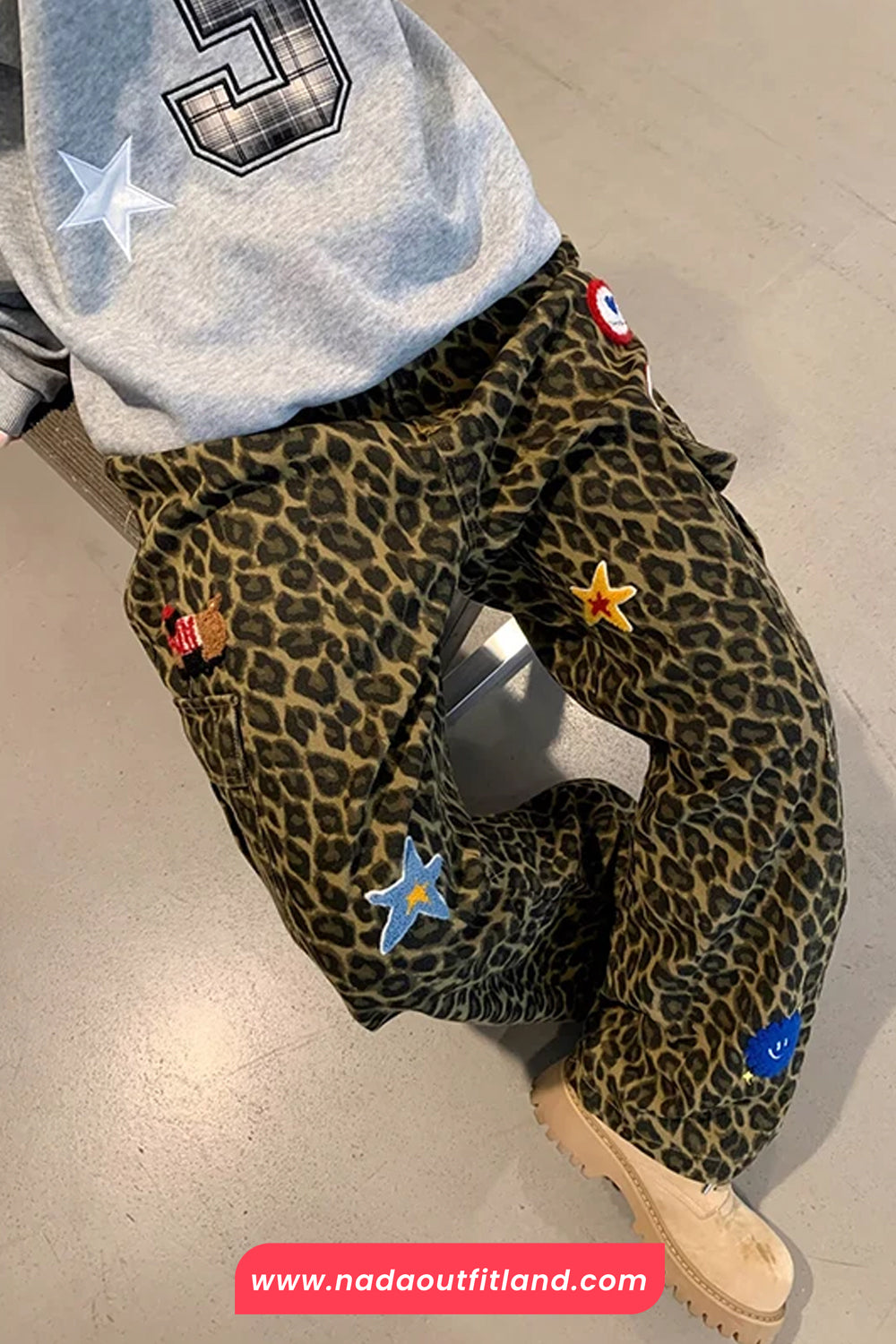 Loose Cute Embroidered Hip Hop Leopard Pattern Cargo Pants