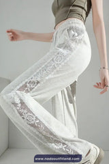 Elastic Waist Side Lace Floral Transparent Sweatpants