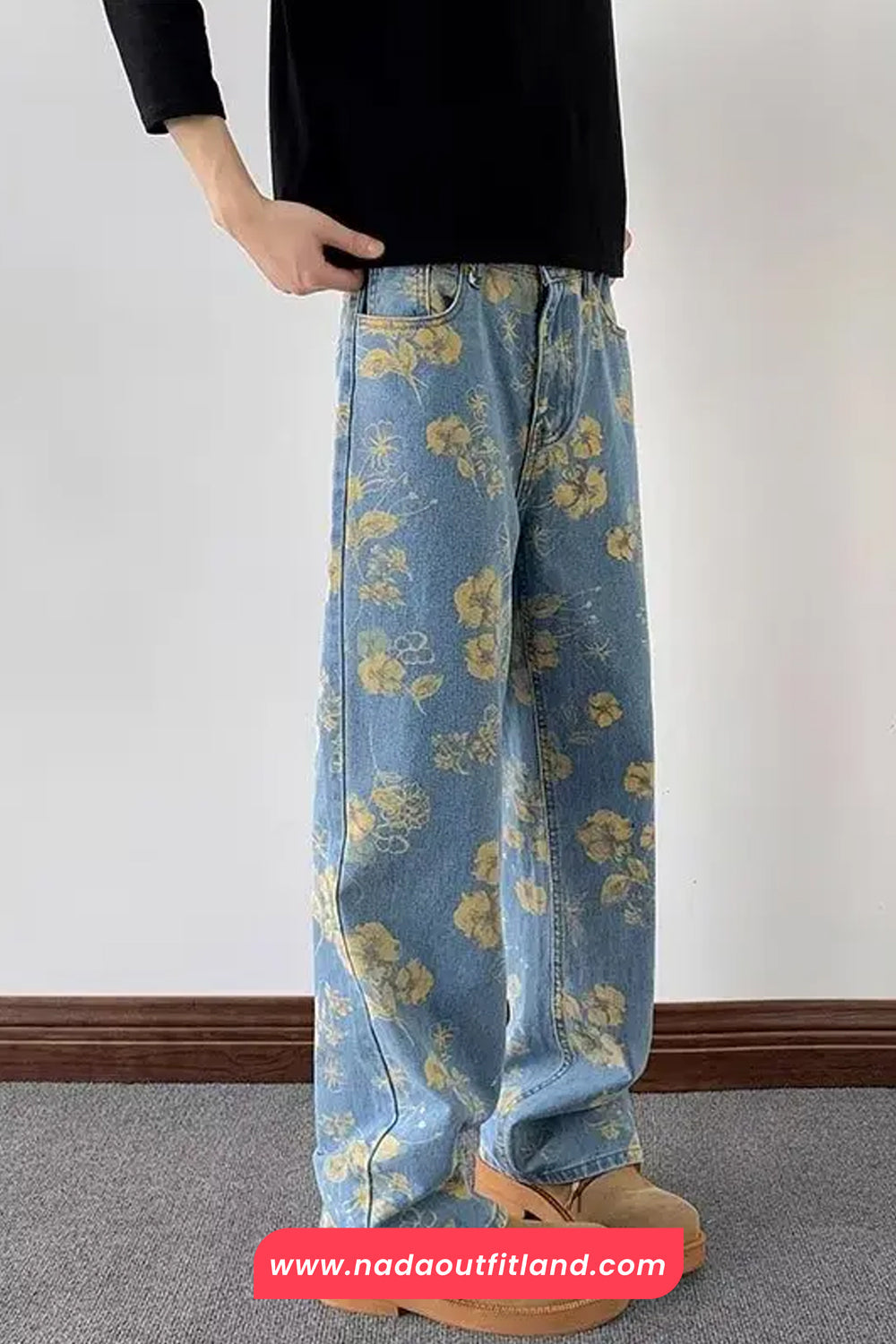 High Waist Retro Flowers Pattern Blues Denim Jeans Pants