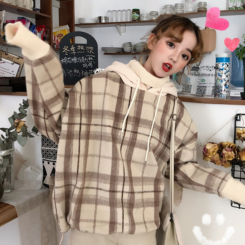 Fake Two Piece Plaid Hooded Turtleneck Sweater
