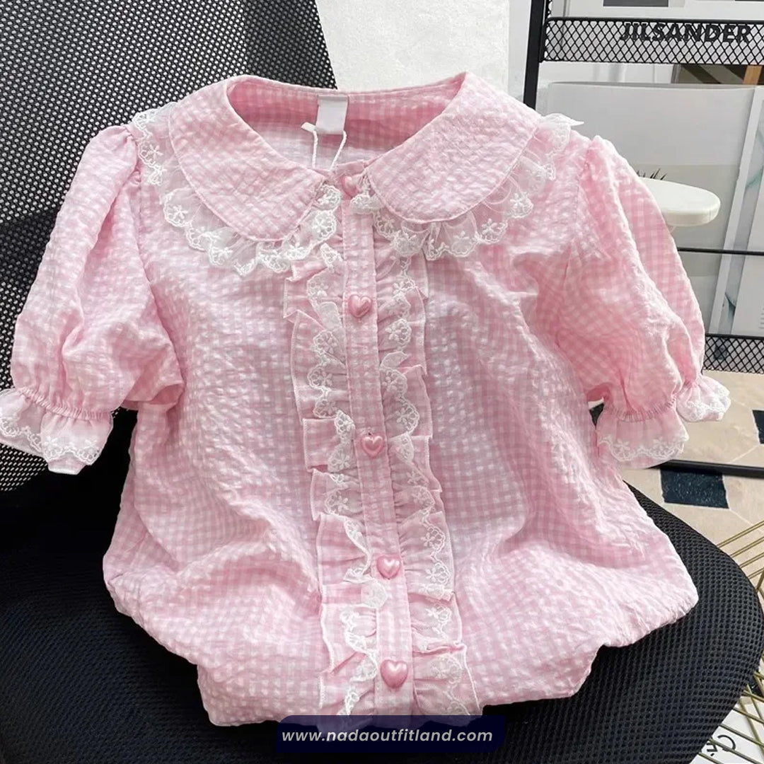 Short Sleeve Cute Sweet Plaid Lace Blouse Shirt