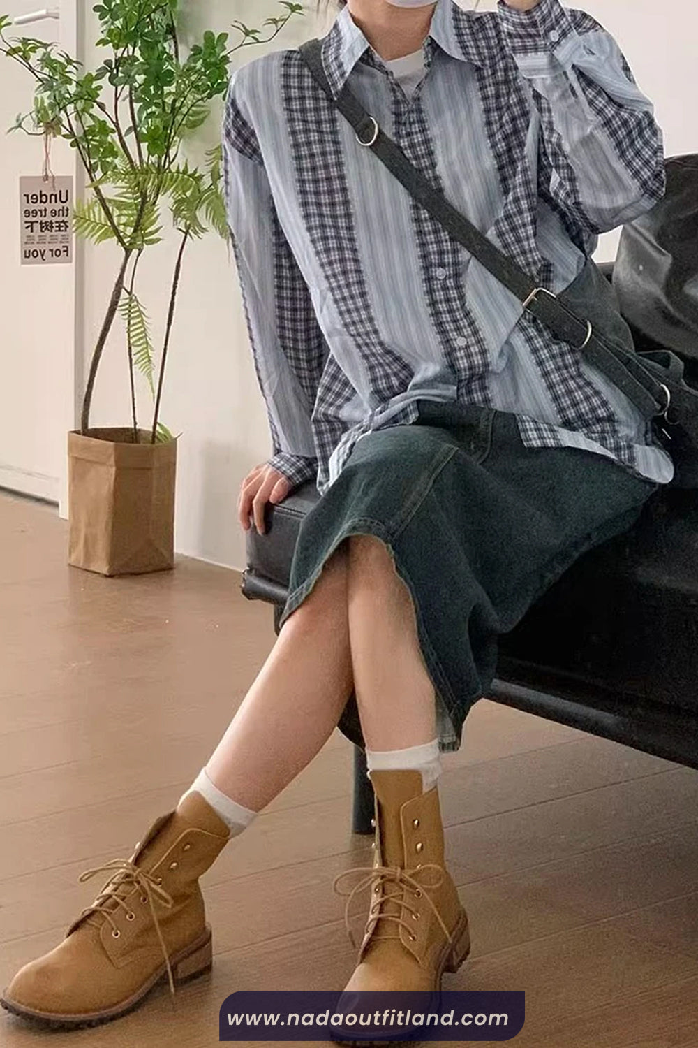 Long Sleeve Retro Striped And Plaid Combination Blouse Shirt