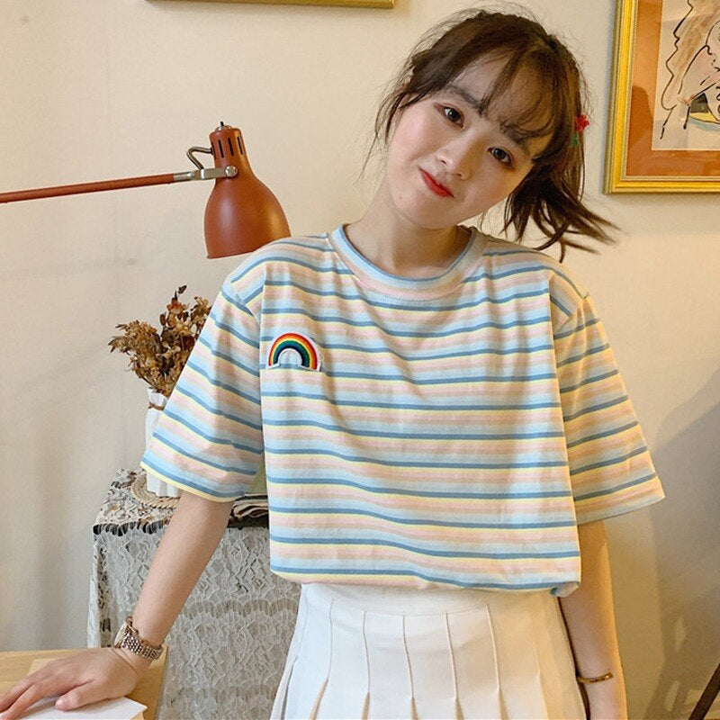 Rainbow Embroidered Striped Short Sleeve Shirt