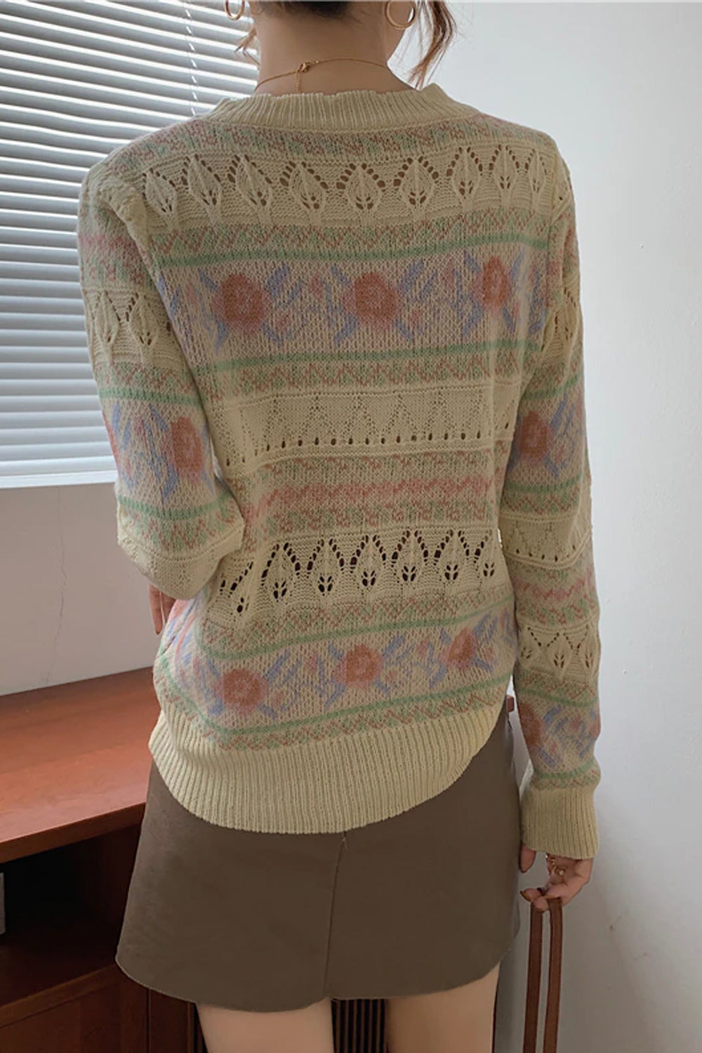 Long Sleeve Retro Floral Knitted Sweater