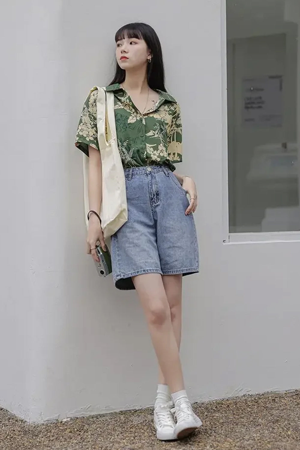 Short Sleeve Green Floral Printed Blouse Shirt