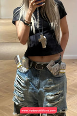Hip Hop Camouflage Stitching Ripped Jeans Pants