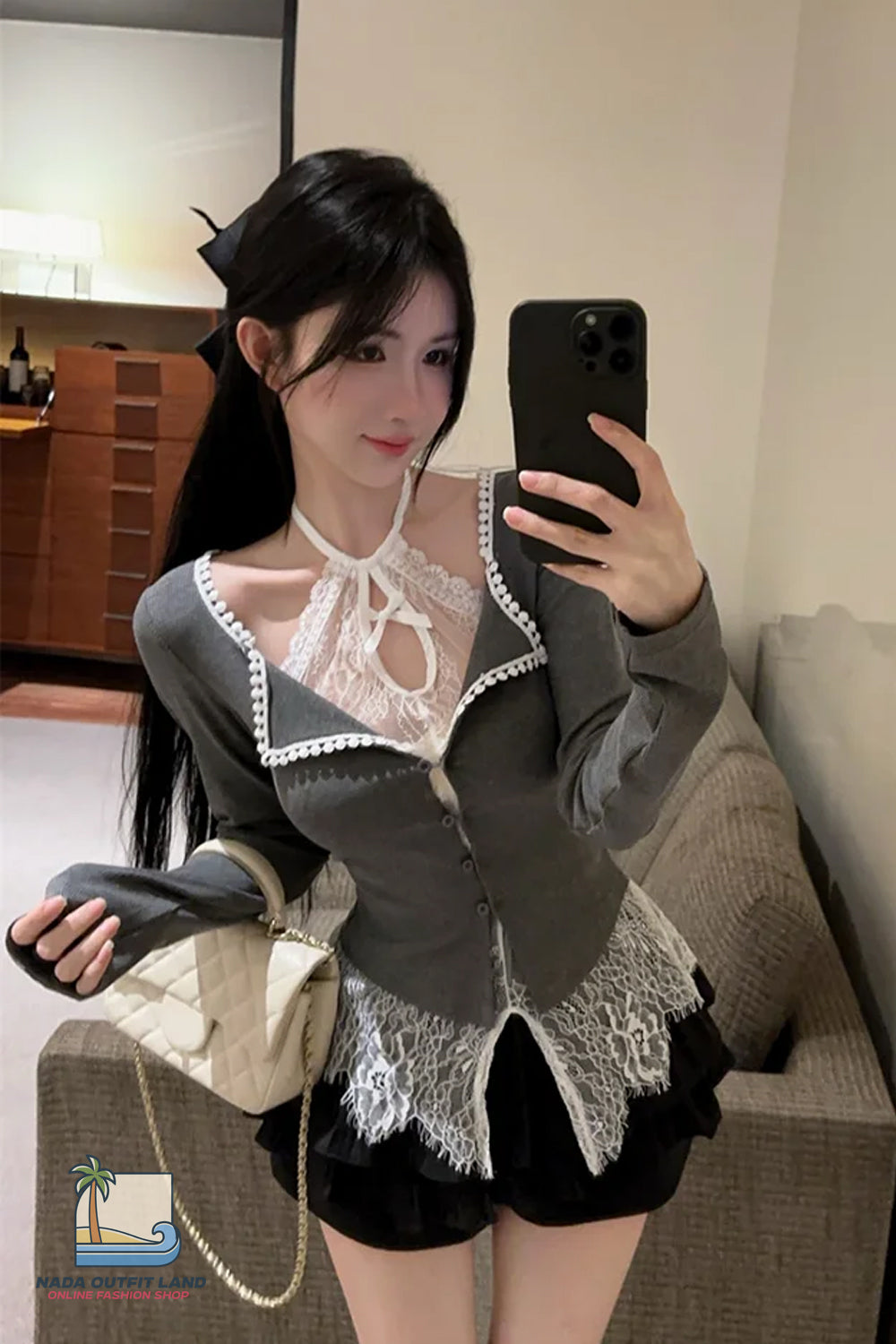 Long Sleeve Sexy Halter Lace Hollow Out Blouse Shirt