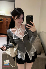 Long Sleeve Sexy Halter Lace Hollow Out Blouse Shirt