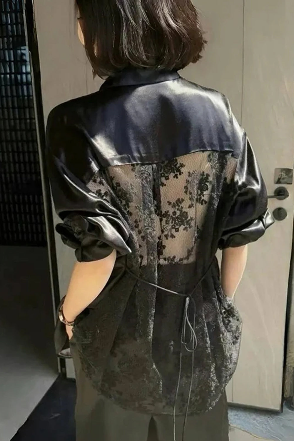 Long Sleeve Sexy Back Lace Transparent Satin Blouse Shirt