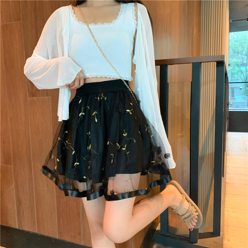 High Waist Mesh Lace Flower Mini Skirts
