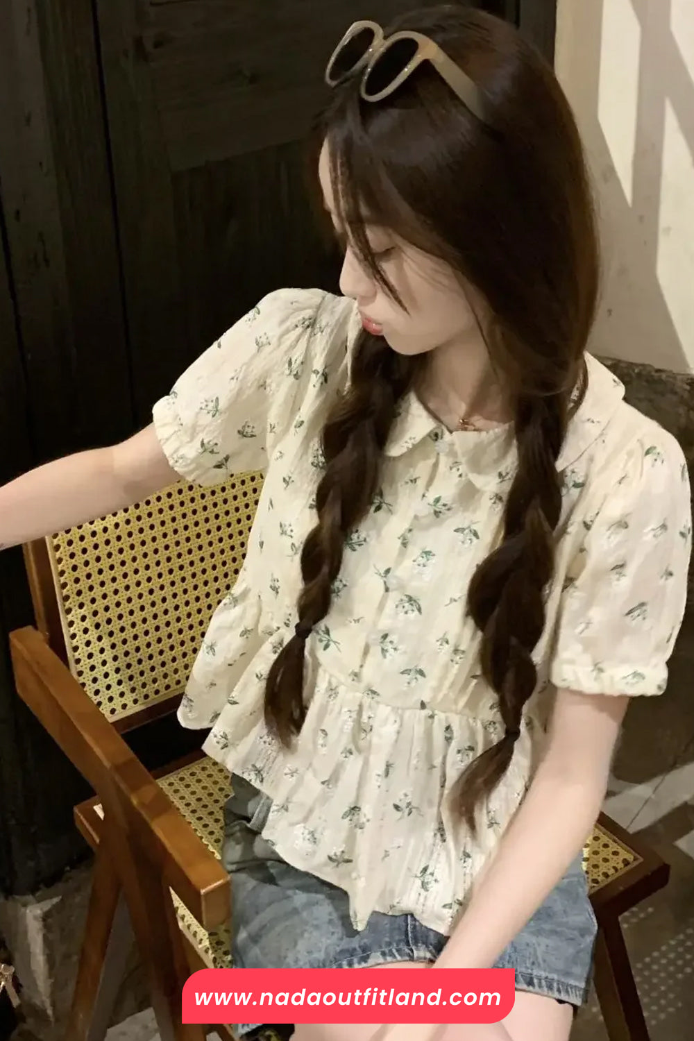 Short Sleeve Floral Pattern Doll Collar Shirt