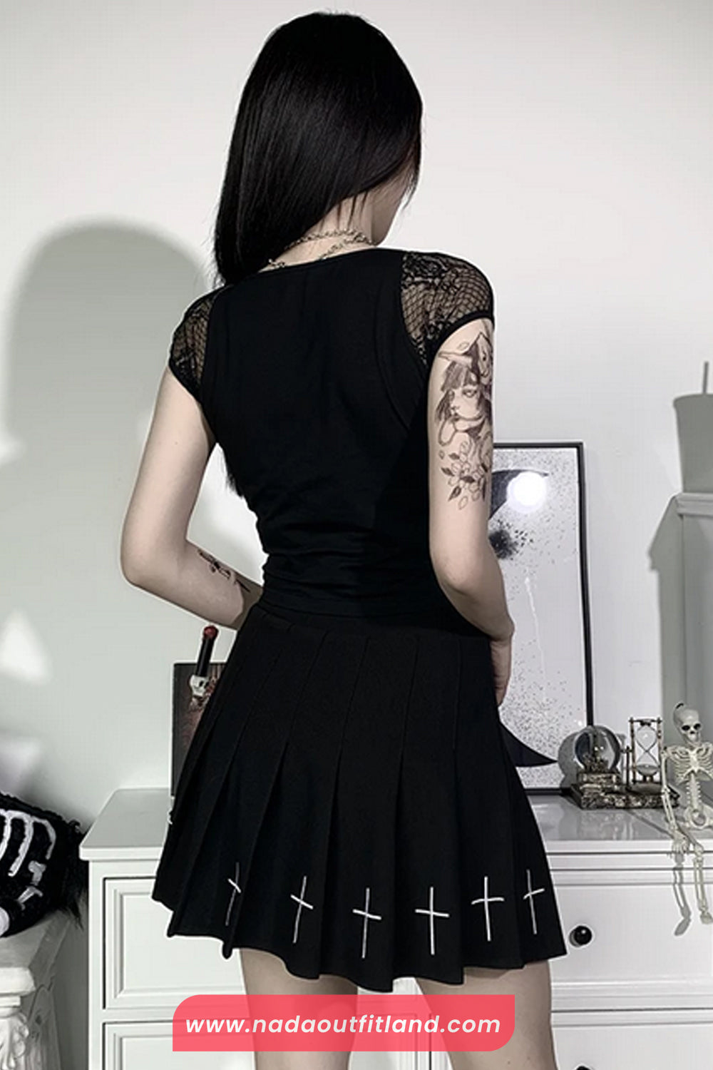 Short Sleeve Lace Bandage Gothic Cropped Shirt