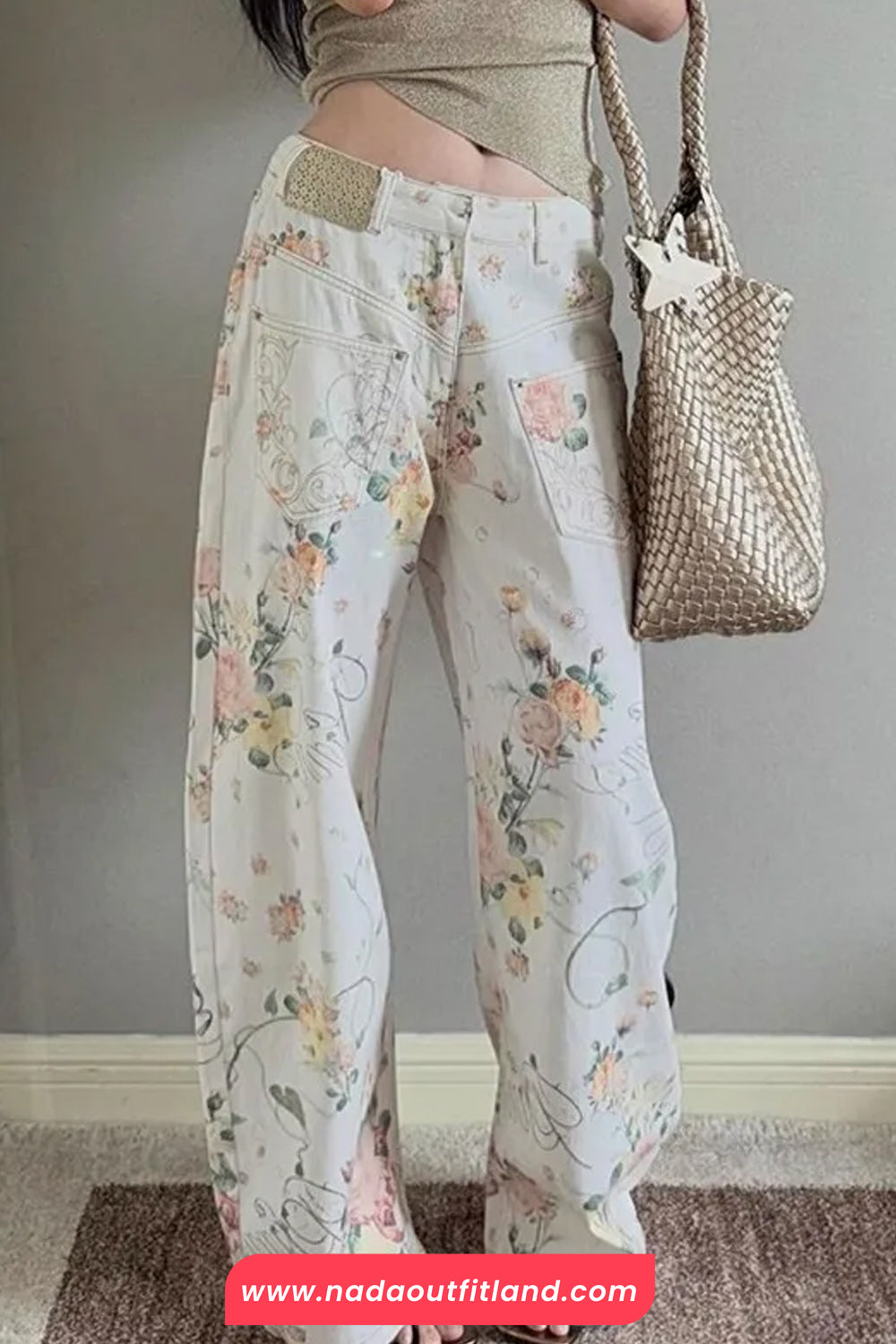 High Waist Front Pockets Floral Pattern White Jeans Pants