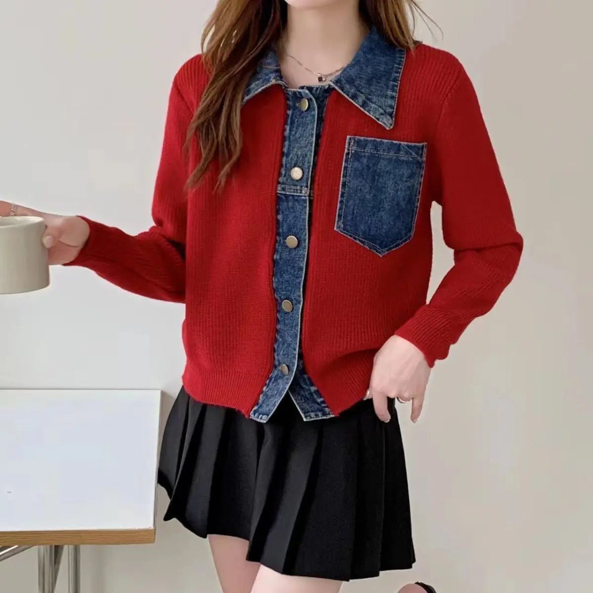 Long Sleeve Denim Spliced Sweatshirt