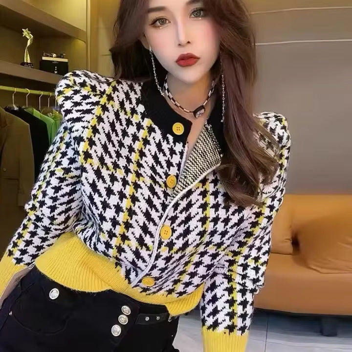 Long Sleeve Cute Colors Houndstooth Cardigan Sweater