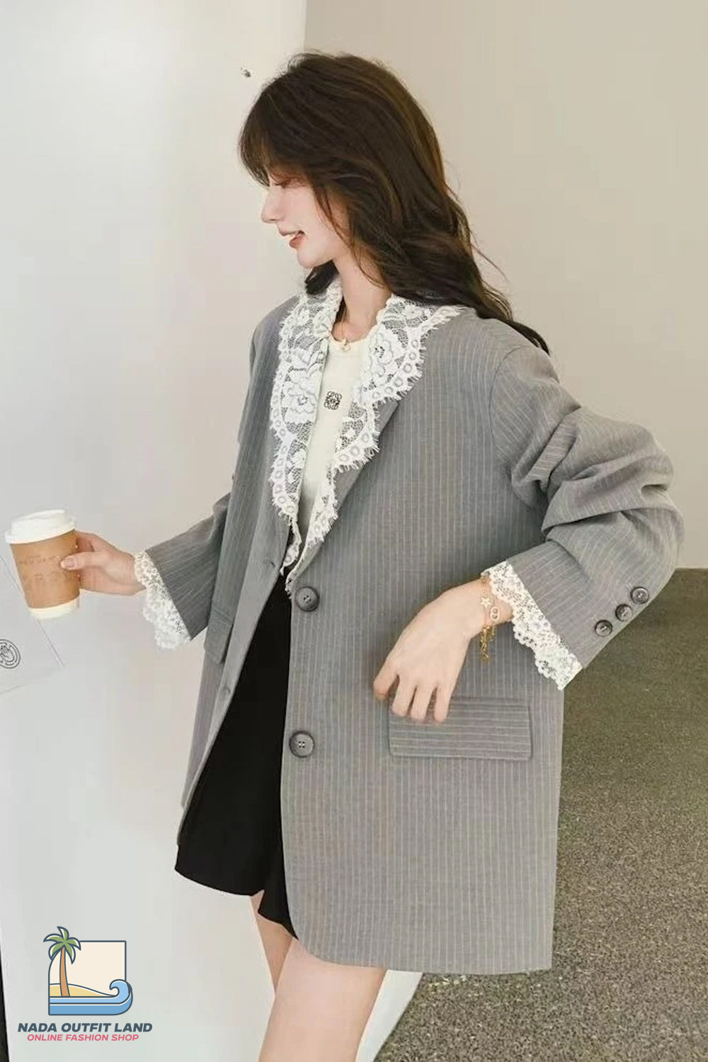 Long Sleeve V-Neck Grey Striped Lace Patchwork Blazer Jacket